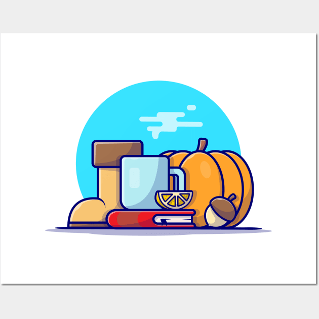 Hot Tea with Book and Pumpkin Cartoon Vector Icon Illustration Wall Art by Catalyst Labs